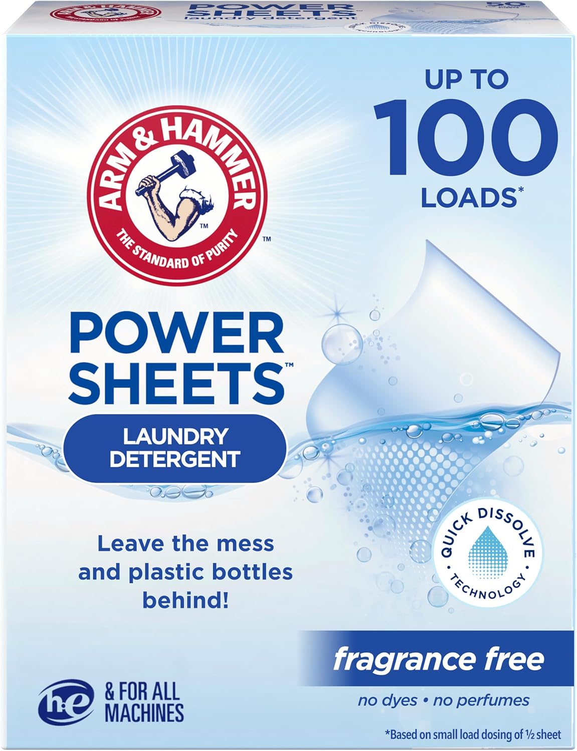 ARM & HAMMER Power Sheets Laundry Detergent, Fragrance Free, Dermatologist Tested Concentrated Laundry Detergent Sheets, 50 Count, up to 100 Small Loads