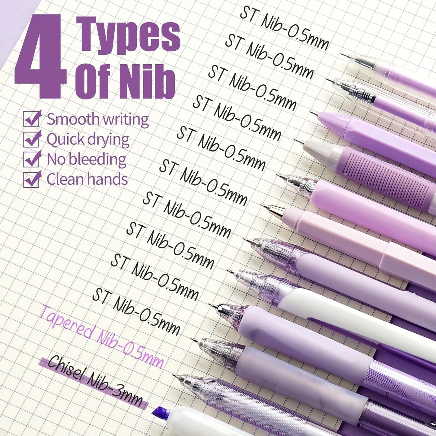 Four Candies Lavender Series Gel Pens, Black & Purple Ink Writing Pens with 0.5 mm Smooth Fine Point, School Office Stationery Supplies Desk Accessories Gifts for Women, Set of 12