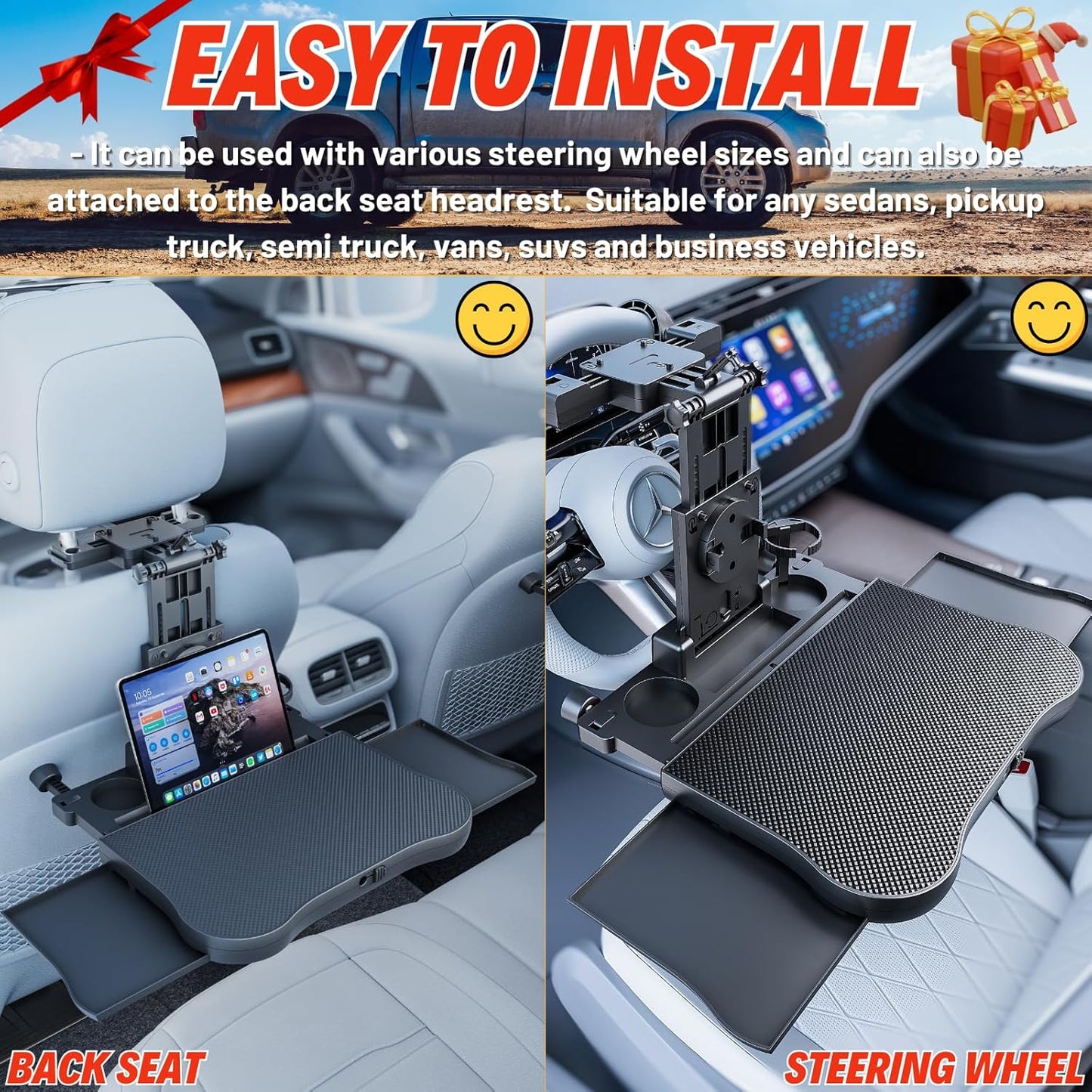 Large Car Desk for Laptop | Steering Wheel Tray Table | Foldable Back Headrest Seat Eating Food Trays with Drinks Cupholder Phone Tablet Holder for Kids | Car Travel Essentials for Long Trips
