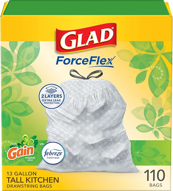 Glad ForceFlex Tall Kitchen Trash Bags, 13 Gal, Gain Original with Febreze, 110 Ct (Pack May Vary)