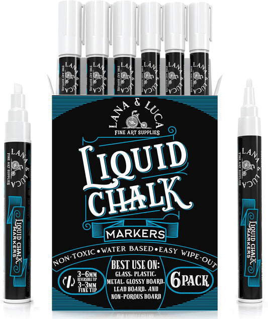 Liquid Chalk Marker Pen - White Dry Erase Marker - Chalkboard Signs, Windows, Blackboard, Glass (6 Pack) 3-6mm Reversible Tip, 3-3mm Fine Tip