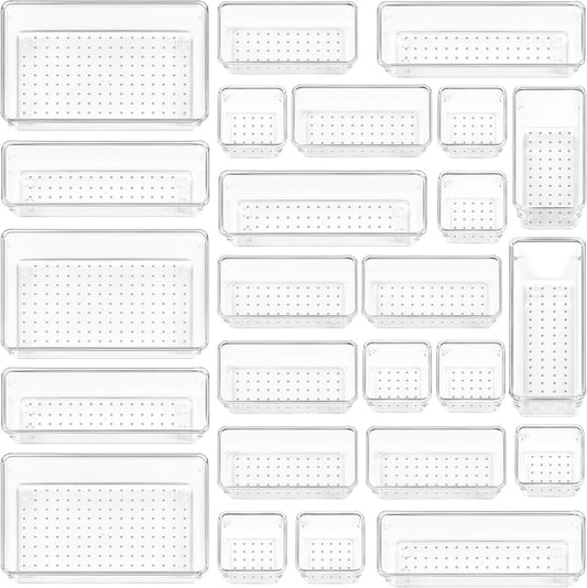 Vtopmart 25-Piece Clear Plastic Drawer Organizer Set – 4 Size Non-Slip Storage Bins for Bathroom, Kitchen, Makeup, Vanity & Office Drawers