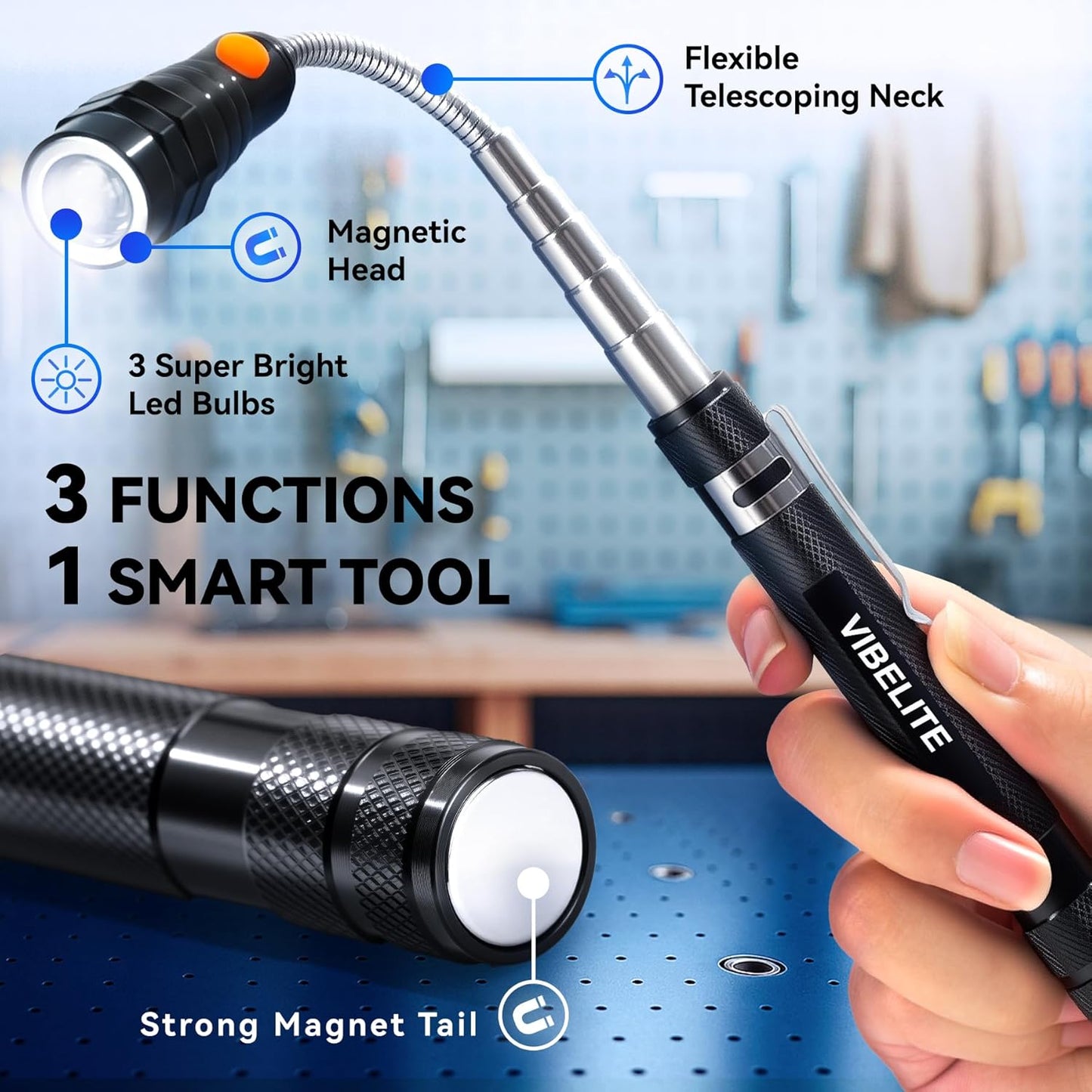 VIBELITE Extendable Magnetic Flashlight with Telescoping Magnet Pickup Tool-Cool Gadget Gifts Stocking Stuffers for Men, Teen Boys, Husband, Dad, Father, Mechanic, Him, Women, Black
