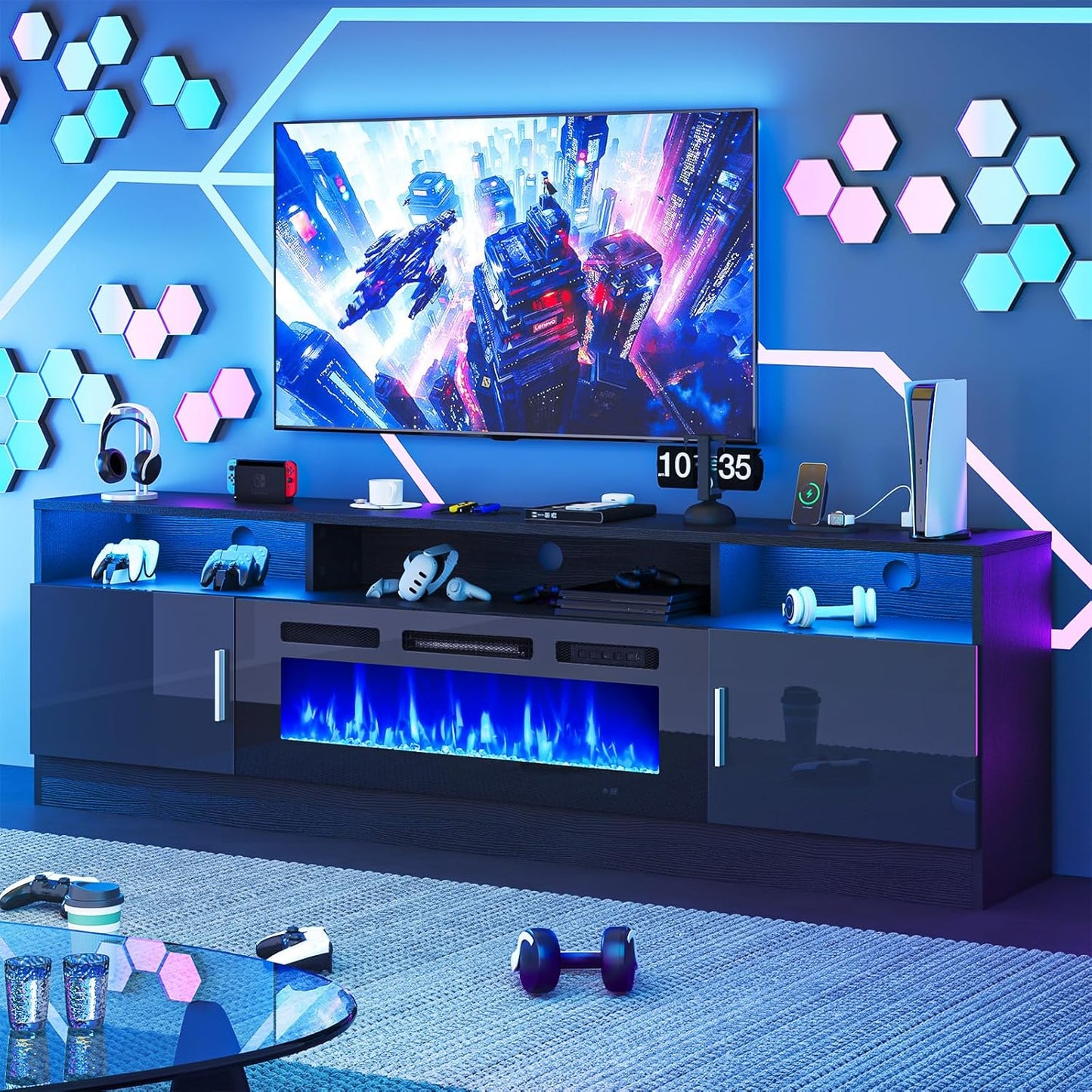 oneinmil 70" Fireplace TV Stand with Power Outlet for TVs Up to 80", Electric Fireplace Entertainment Center with LED Lights & Storage Cabinets, Media Console Table for Living Room, Black