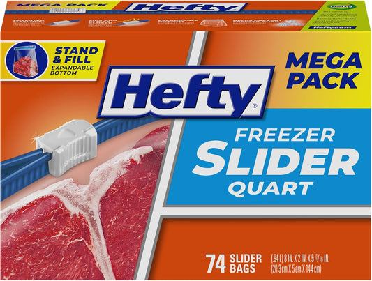 Hefty Slider Freezer Kitchen Storage Bags, Quart Size, 74 Count