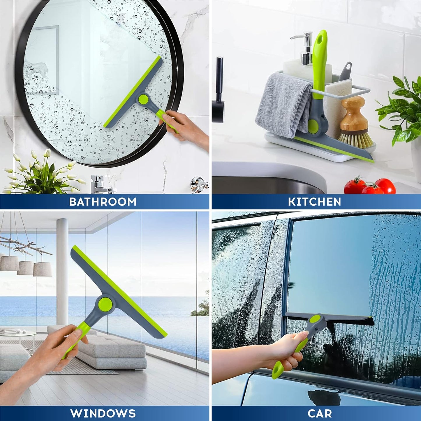 DSV Standard 10" Heavy Duty Green, Grey Window Cleaning Squeegee, Handheld Squeegee for Glass Doors, Windows, Car Windshields & More