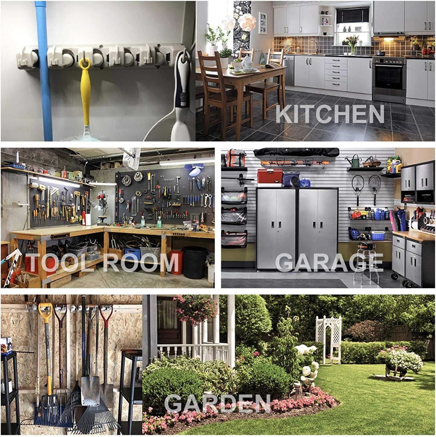 IMILLET 2 Pack Mop and Broom Holder, Wall Mounted Organizer Mop and Broom Storage Tool Rack with 5 Ball Slots and 6 Hooks (Black)