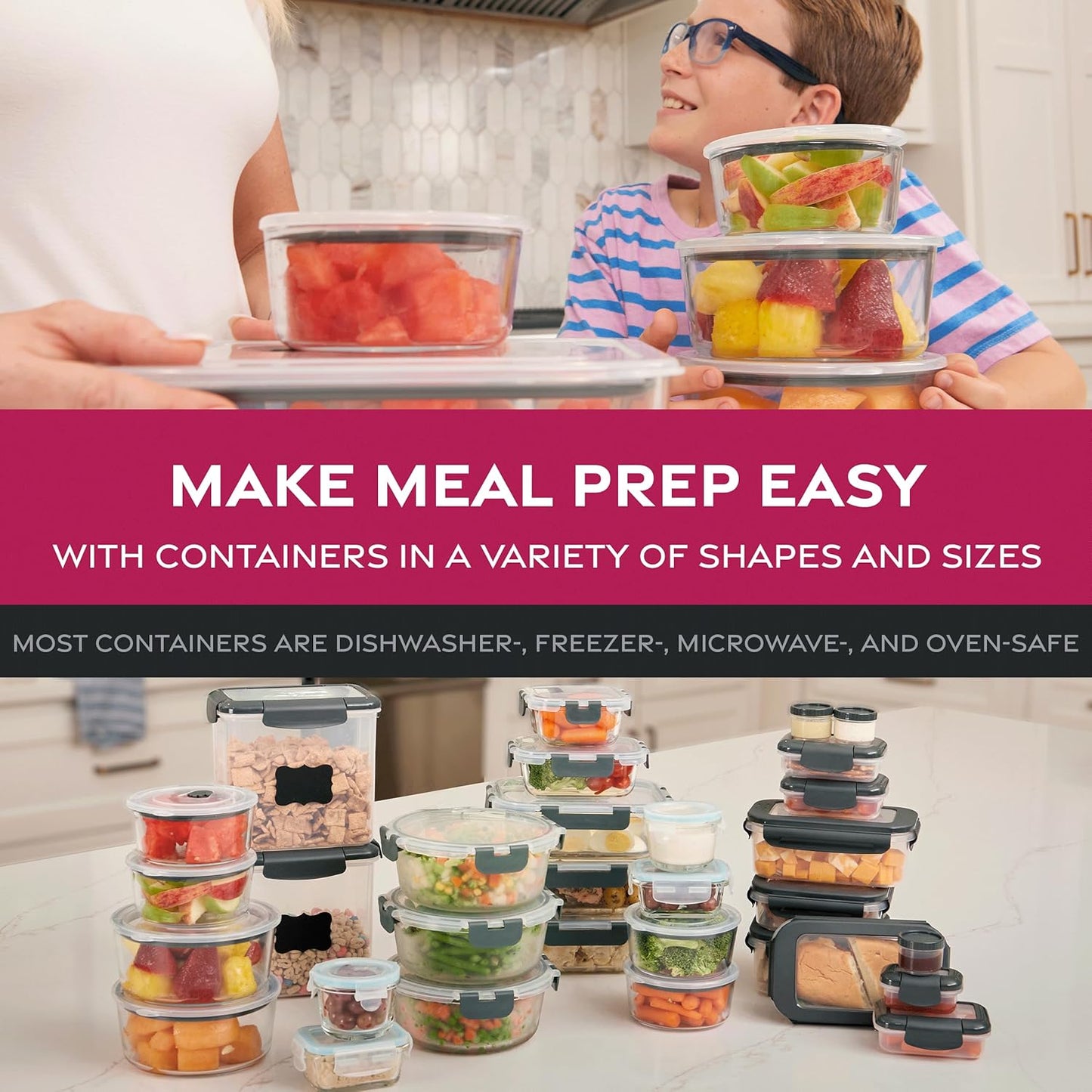 FineDine Airtight Glass Storage Containers with Hinged Locking Lid BPA Free for Meal Prep/Moving/Freezer/Oven
