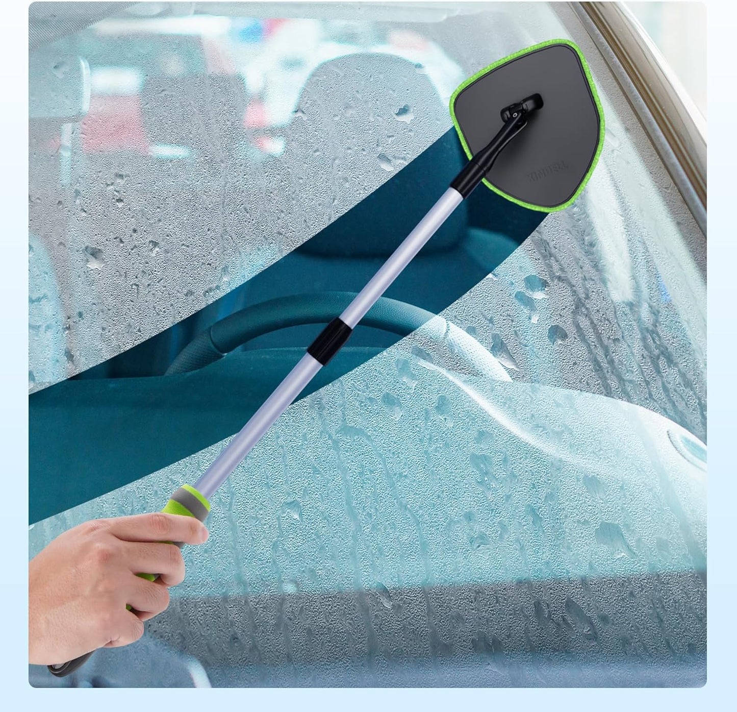 XINDELL Windshield Cleaner Tool – 360° Rotating Head with Extendable Handle, Velcro Microfiber Pads for Fast Stick & Peel, Dry/Wet Glass Cleaning for Cars, SUVs, Trucks & Home