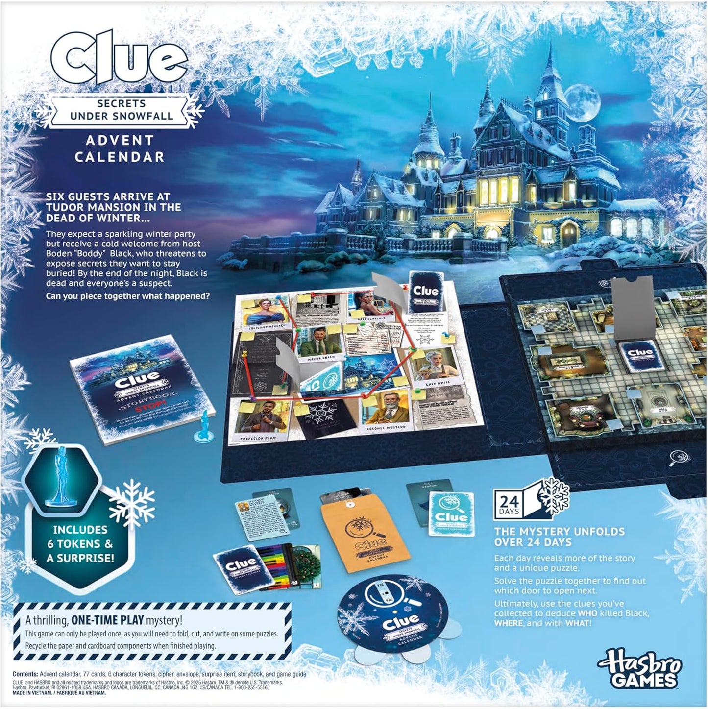 Clue Advent Calendar: Secrets Under Snowfall | 24 Days | Family Mystery Games | with 6 Winter-Themed Tokens and Surprise | Ages 10+ | 1+ Players
