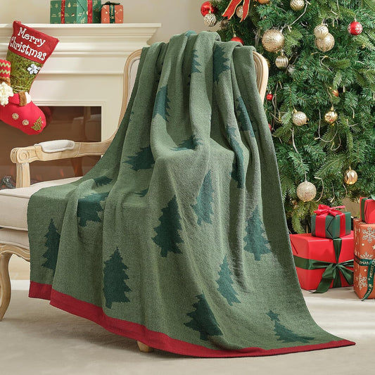 Amélie Home Christmas Throw Blanket for Couch, Reversible Pattern Christmas Tree Themed, Chenille Knit Xams Soft Cozy for Bed Home Decor Gift for Family, 50" x 60", Christmas Tree