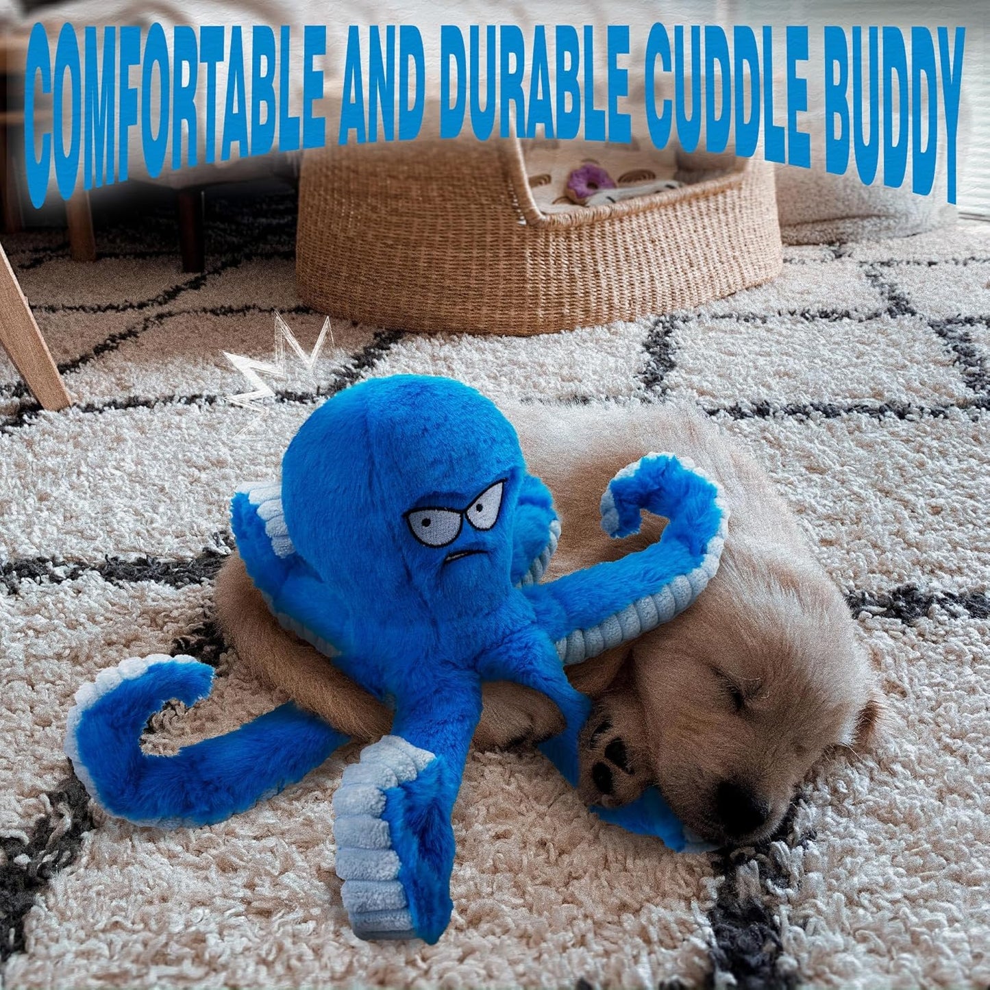 LEGEND SANDY Tough Dog Toys, Stuffed Chew Large Dog Toys to Keep Them Busy, Interactive Squeaky Tug of War Doggie Toy, Crinkle Blue Octopus