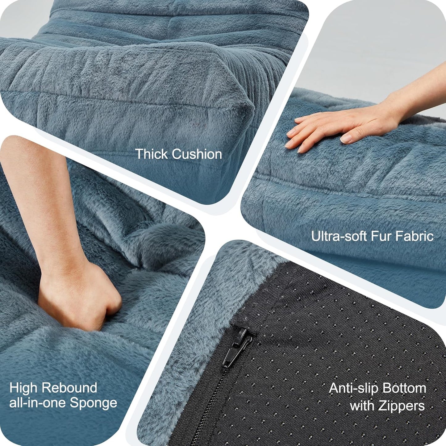 Bean Bag Chairs for Adults Giant Bean Bag Chair Memory Foam BeanBag Chair Big Bean Bag Sofa with Filler Faux Fur Fireside Beanbags Lazy Sofa for Living Room Bedroom Dorm Office (Bluegrey Plush)