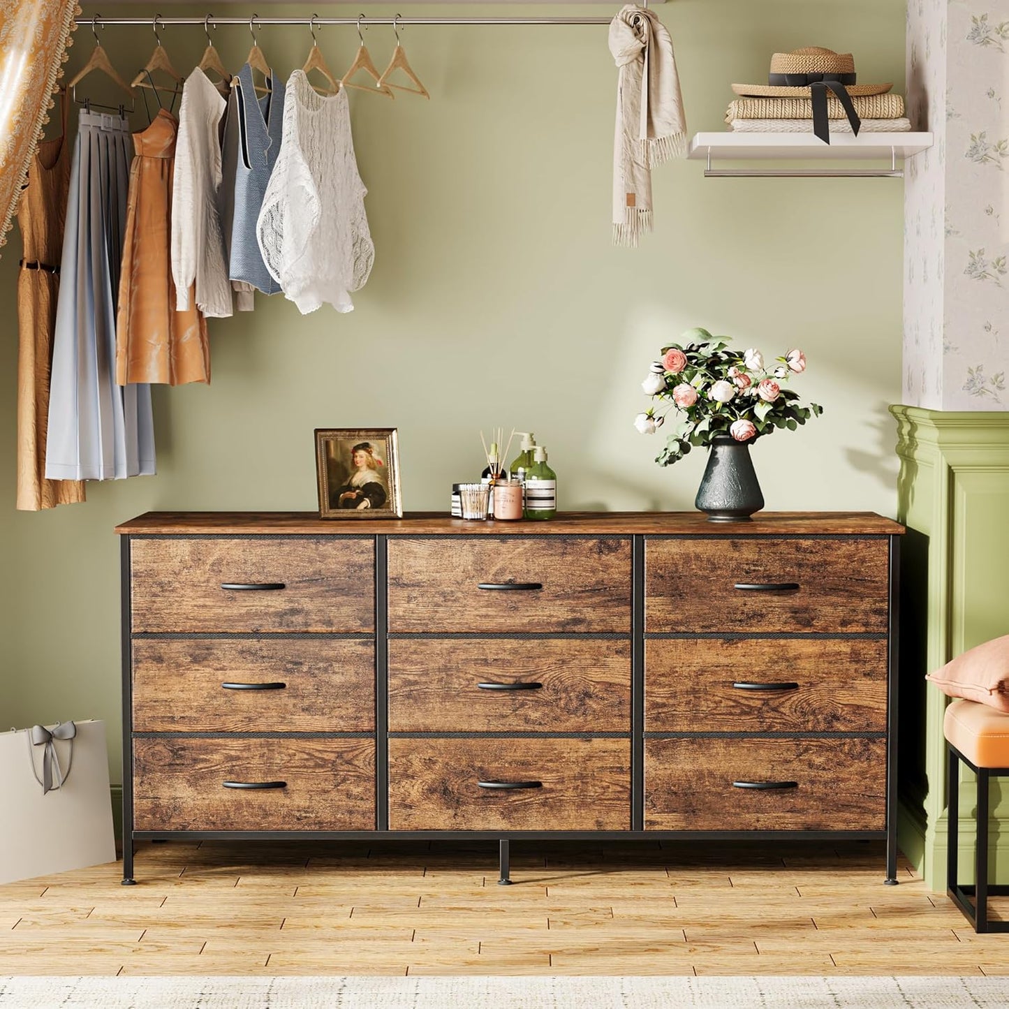 Huuger 9 Drawer Dresser, 47 Inch Dresser TV Stand for 50, 55 Inch TV, Entertainment Center with Drawers, for Bedroom, Closet, Rustic Brown