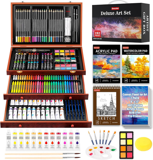 Soucolor Art Supplies, 192-Pack Deluxe Art Set Drawing Painting Supplies Kit with Acrylic Pad, Watercolor Pad, Sketch Book, Canvases, Acrylic Paint, Crayons, Pencils, Gifts for Artist Adults Teen Kids
