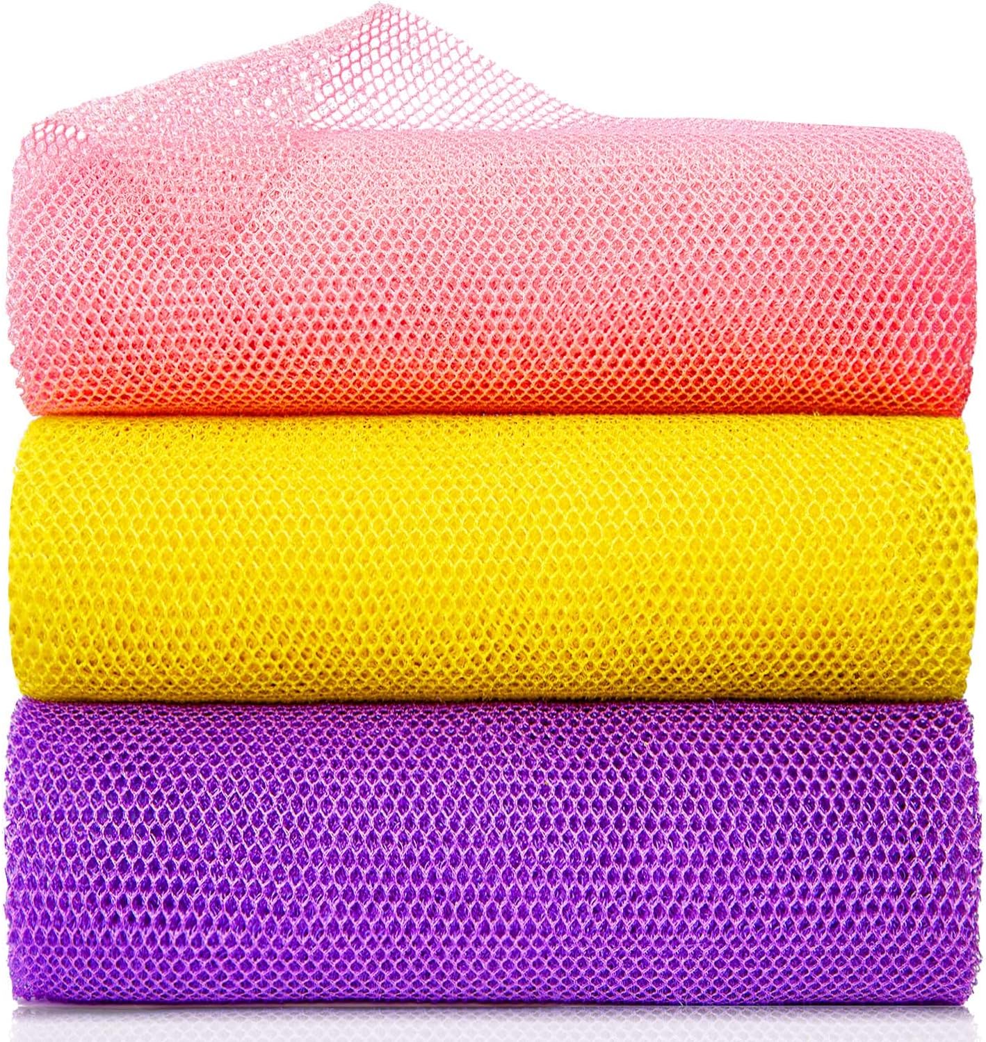 3 Pieces African Net Bath Sponge African Exfoliating African Scrubbing Long Net Rag African Wash Net Shower Body Scrubber, Yellow Pink Purple