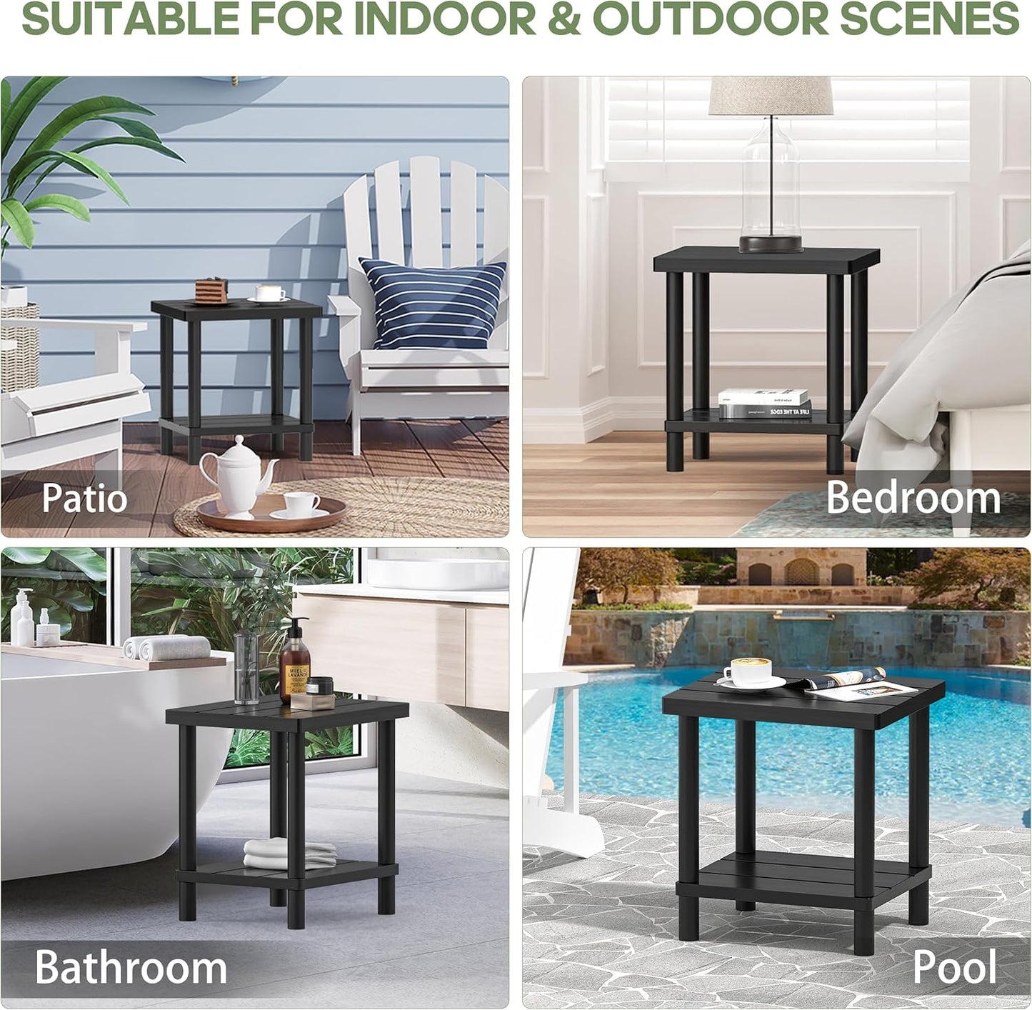 Outdoor Side Table, 2-Tier Small Outdoor Table for Patio, Adirondack Side Tables for Outside or Indoor, Bamboo End Table for Pool, Porch, Weather Resistant Easy Maintenance-Black