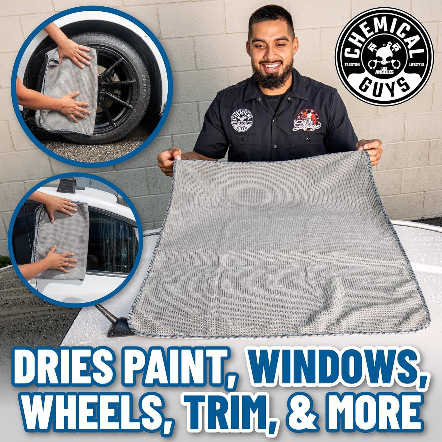 Chemical Guys Waffle Weave Gray Matter Microfiber Drying Towel - 25" x 36", 70/30 Blend with Silk Edging for Scratch-Free Car Drying, Ultra Absorbent and Safe for All Surfaces