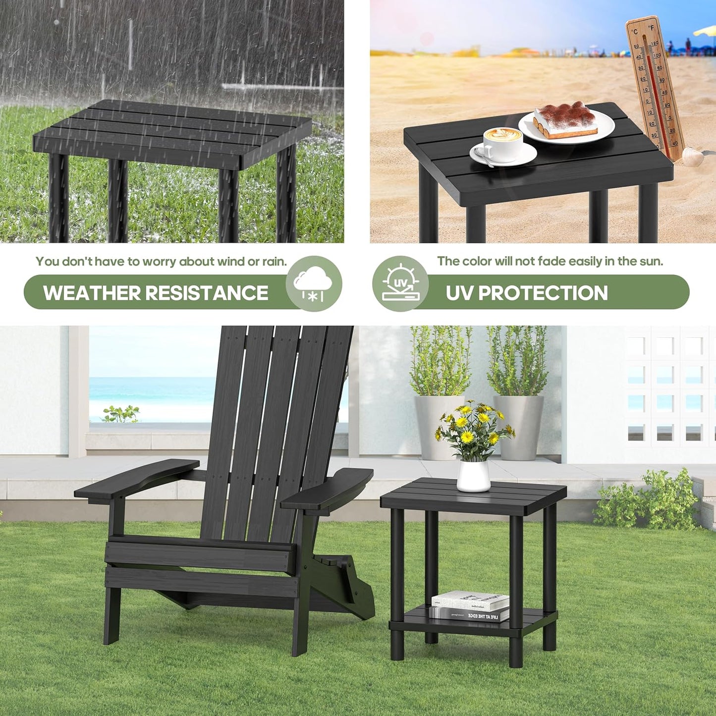 Outdoor Side Table, 2-Tier Small Outdoor Table for Patio, Adirondack Side Tables for Outside or Indoor, Bamboo End Table for Pool, Porch, Weather Resistant Easy Maintenance-Black