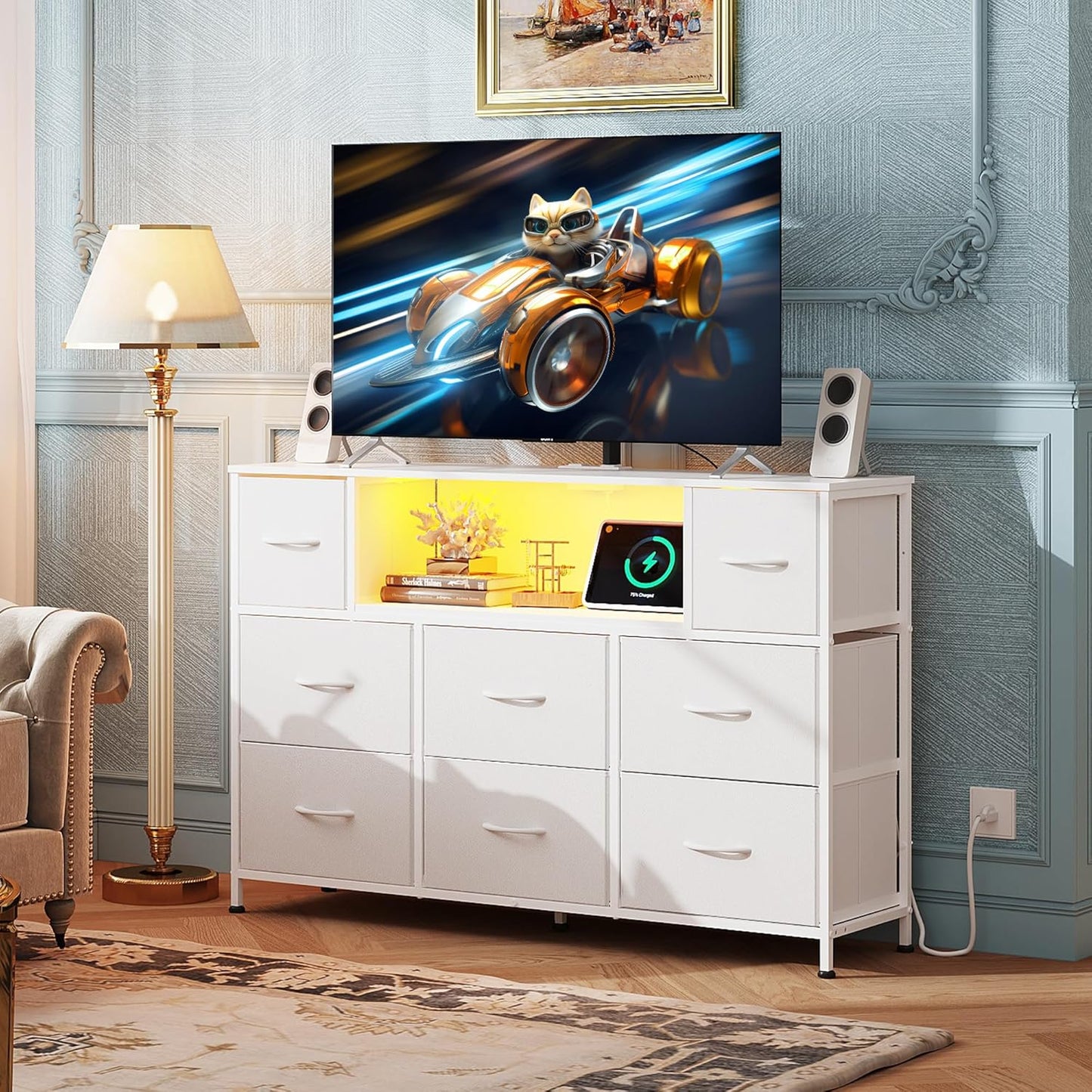 WLIVE White TV Stand for 45, 50, 55 inch TV, Entertainment Center with LED Lights & Charging Station, TV Media Console Table with 8 Fabric Drawers and Open Shelves for Living Room, Hallway, Wood Top