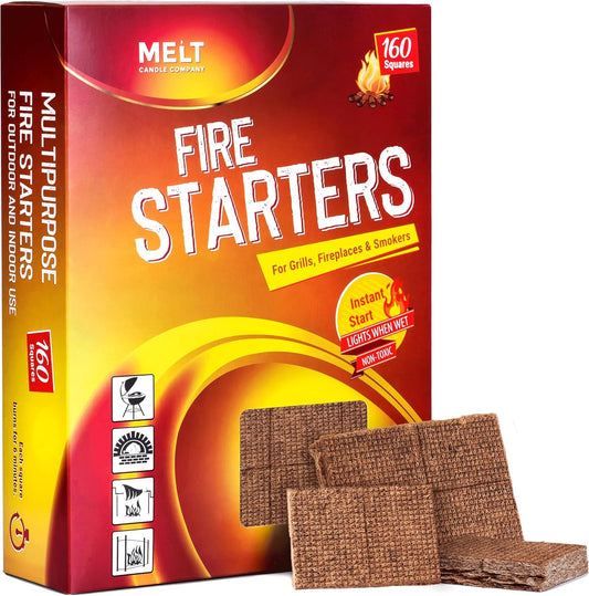 Melt Candle Company Fire Starter Squares, 160 Pieces - Fire Starters Kit for Campfires, Grill, Outdoor Fire Pit, Fireplace, BBQ - Water Resistant & Odorless - Camping Accessories