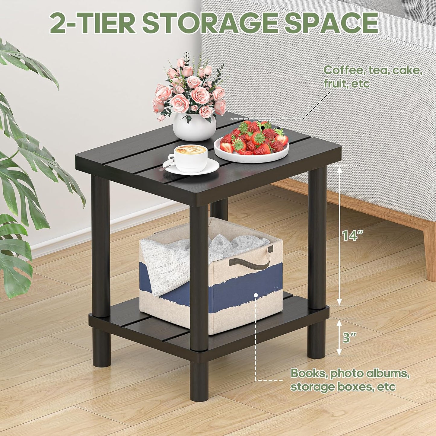 Outdoor Side Table, 2-Tier Small Outdoor Table for Patio, Adirondack Side Tables for Outside or Indoor, Bamboo End Table for Pool, Porch, Weather Resistant Easy Maintenance-Black