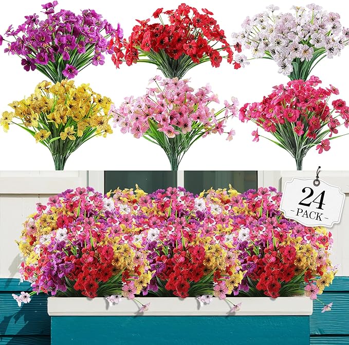 24 Bundles Artificial Flowers for Outdoor,No Fade Fake Plastic Flowers Faux Plants for Decoration Hanging Planters Indoor Outside Garden Porch Window Box Home Wedding Farmhouse - Cart Shape