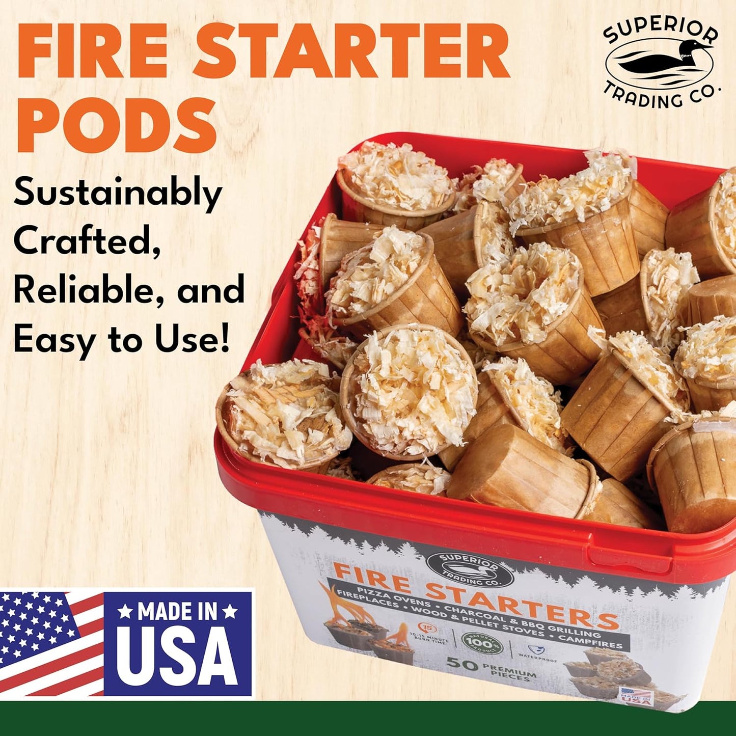 Superior Trading Fire Starter Pods in Plastic Bucket - Fire Starters for Campfires, BBQ, Grill, Pit, Wood Stove & Charcoal Starter, 15-20-Min Burn, 50 Extra Large Pods, USA Made, Brown, 3 Lbs