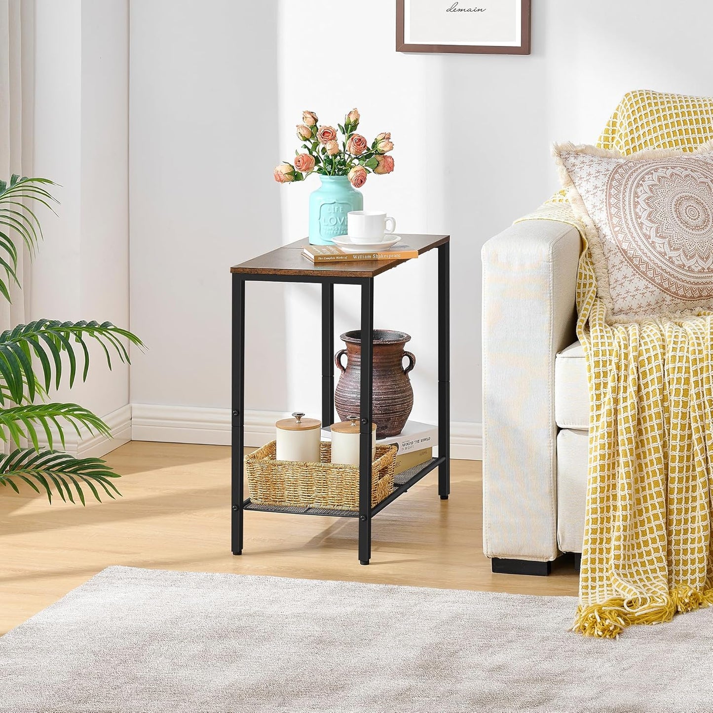 Hoctieon 2 Tier End Table, Sofa Side Table, Narrow Side Table with Storage, Slim Nightstand for Small Spaces, Metal Frame, for Living Room, Bedroom, Sofa Couch, Hall, Rustic Brown