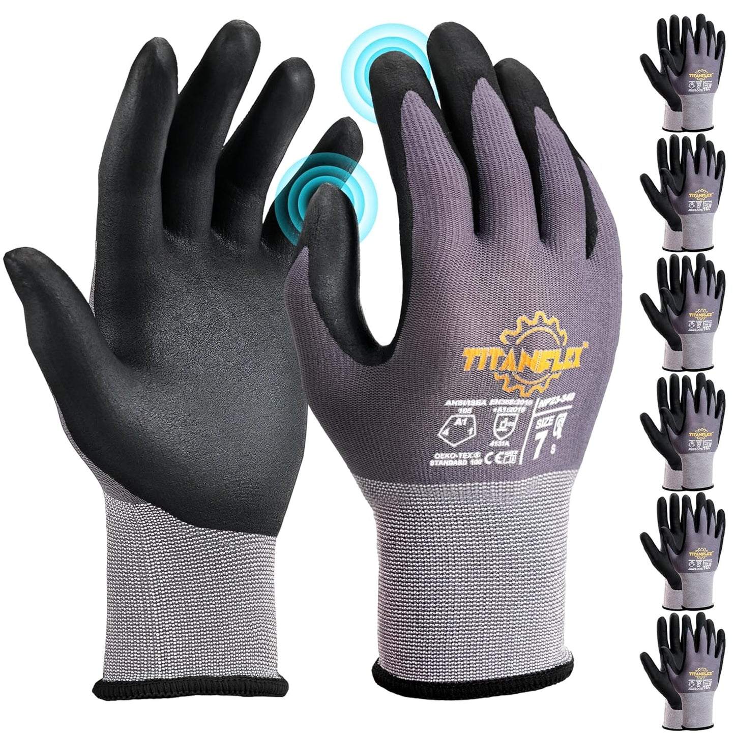 TitanFlex Work Gloves Microfoam Nitrile Coated Men Women-6 Pairs, Safety Warehouse Gloves Mens Working Glove with Grip Heavy Duty, Touchscreen, Seamless Knit Nylon for Automotive, Garden (Large)