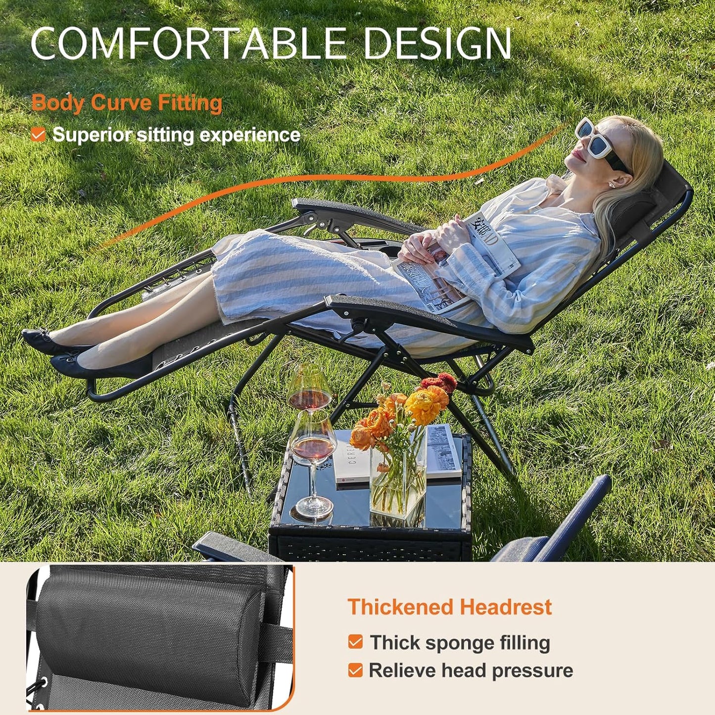 Sweetcrispy Zero Gravity Chairs, Set of 2 Portable Recliner Beach Camping Patio Outdoor Folding Lounge Chair with Cup Holder Trays and Adjustable Pillow for Poolside, Garden, Backyard, Lawn (Black)