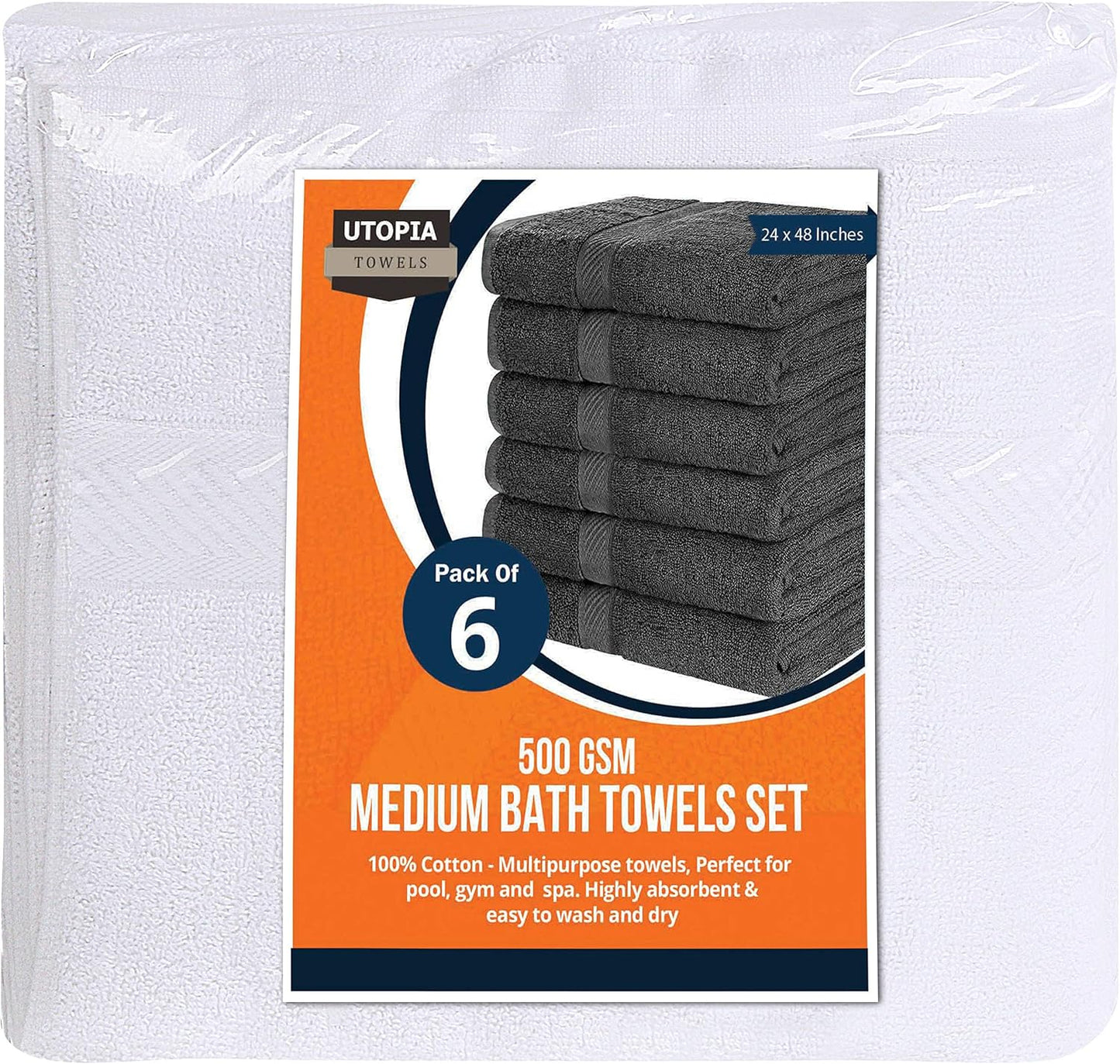 Utopia Towels 6 Pack Medium Bath Towel Set, 24 by 48 Inches, 500 GSM 100% Ring Spun Cotton, Lightweight and Highly Absorbent Quick Drying Premium Towels for Hotel, Spa and Bathroom, White
