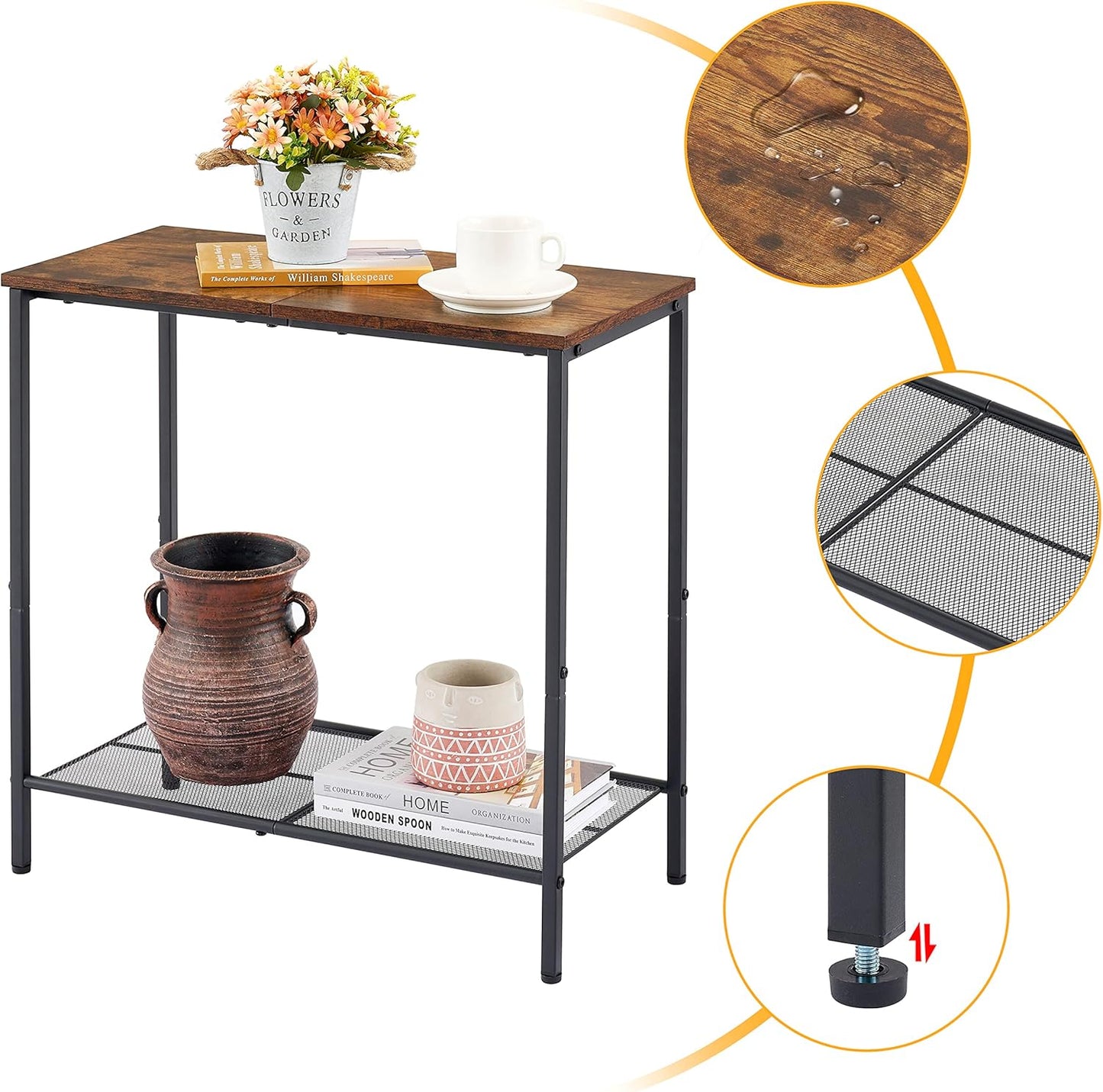 Hoctieon 2 Tier End Table, Sofa Side Table, Narrow Side Table with Storage, Slim Nightstand for Small Spaces, Metal Frame, for Living Room, Bedroom, Sofa Couch, Hall, Rustic Brown