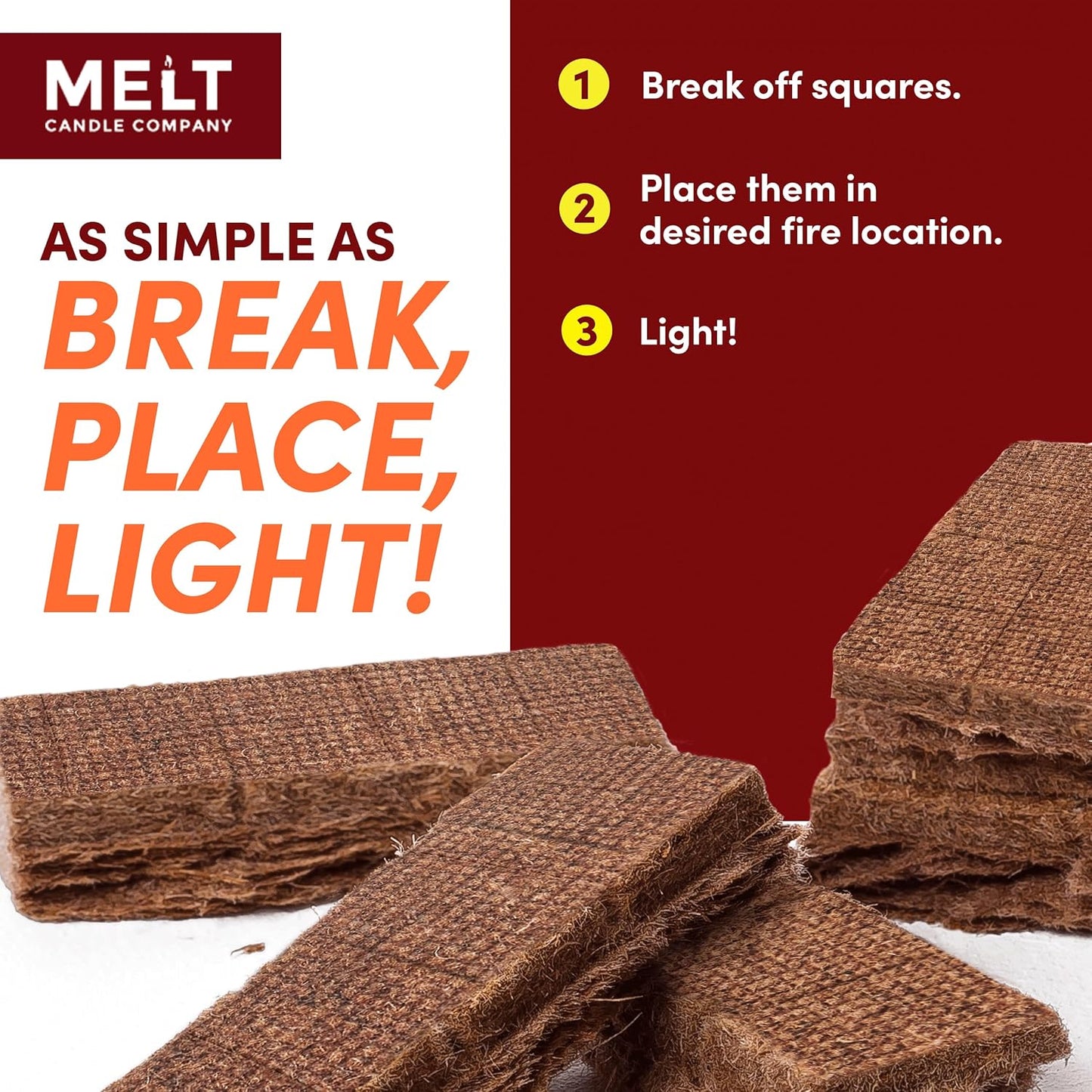 Melt Candle Company Fire Starter Squares, 160 Pieces - Fire Starters Kit for Campfires, Grill, Outdoor Fire Pit, Fireplace, BBQ - Water Resistant & Odorless - Camping Accessories