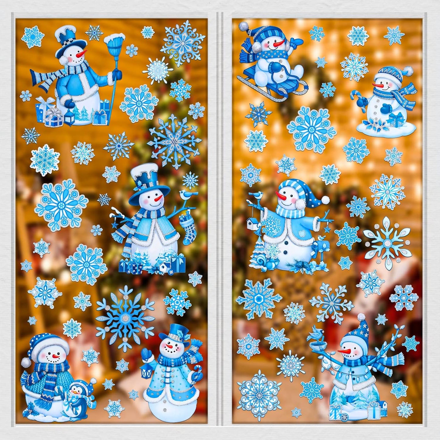 Christmas Window Clings for Glass Snowman Window Stickers Glitter Powder Craft Static Xmas Glitter Window Decals Xmas Snowflake Decals for Christmas Decorations Indoor 4 Sheets