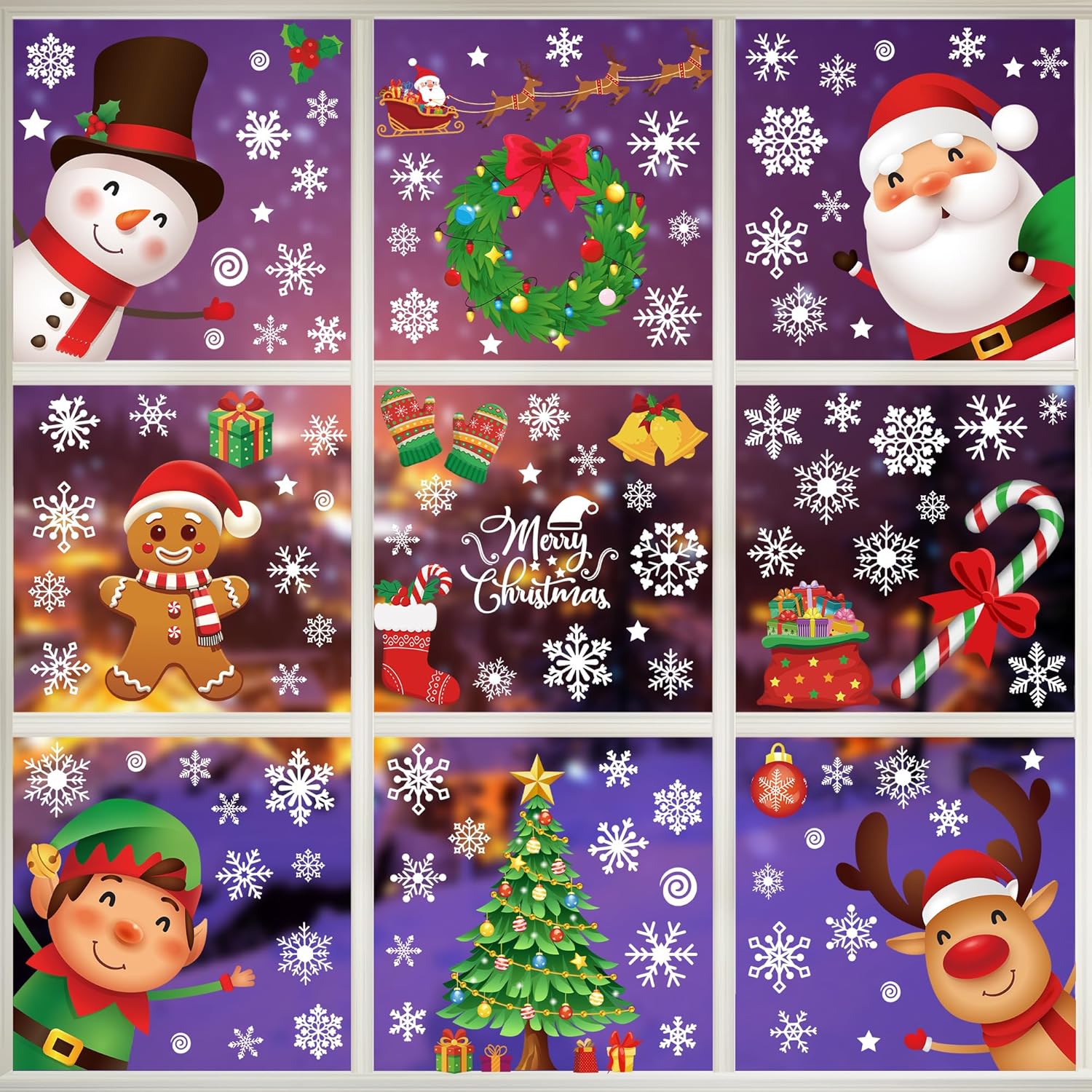 144 PCS Christmas Window Clings, Snowflake Window Clings for Stickers for Glass, Christmas Decorations Decals for Snowman Santa Claus Tree Reindeer Elf Winter Party Accessories Supplies Decor