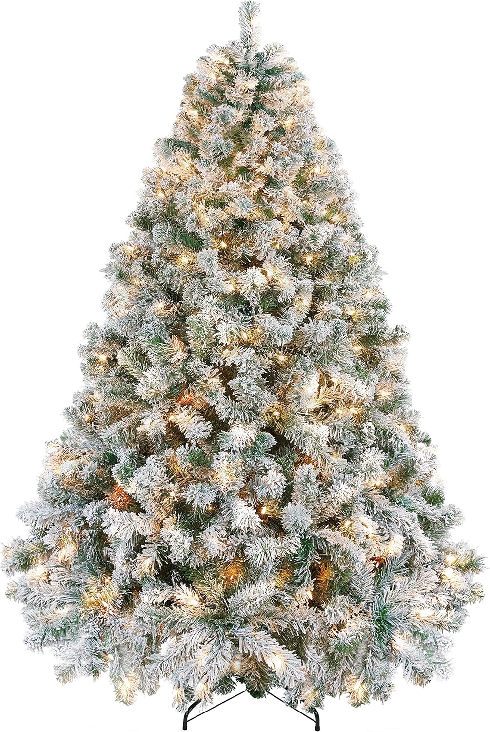 Yaheetech 6ft Pre-lit Artificial Christmas Tree with Incandescent Warm White Lights, Snow Flocked Full Prelighted Xmas Tree W/820 Branch Tips, 250 Incandescent Lights & Foldable Stand, Green & White