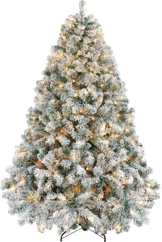 Yaheetech 6ft Pre-lit Artificial Christmas Tree with Incandescent Warm White Lights, Snow Flocked Full Prelighted Xmas Tree W/820 Branch Tips, 250 Incandescent Lights & Foldable Stand, Green & White